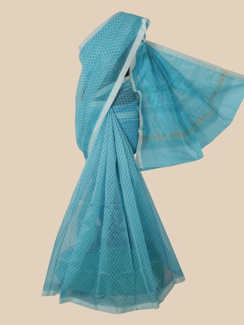 

Pothys Blue & Silver-Toned Floral Supernet Saree