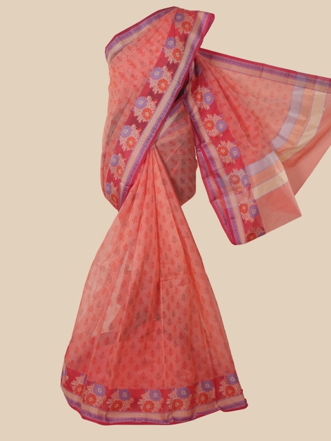 

Pothys Peach-Coloured & Purple Ethnic Motifs Supernet Saree