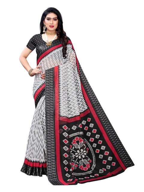 

KALINI White & Black Printed Pure Cotton Saree