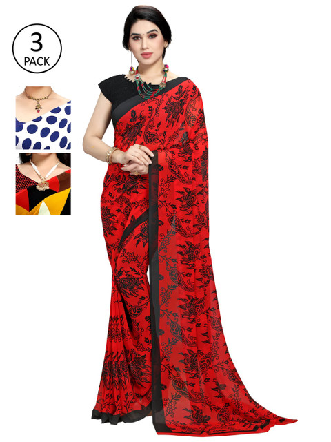 

KALINI Women Pack of 3 Printed Sarees, Red