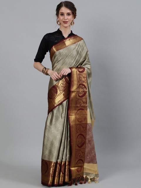 

KALINI Grey & Maroon Woven Design Art Silk Banarasi Saree