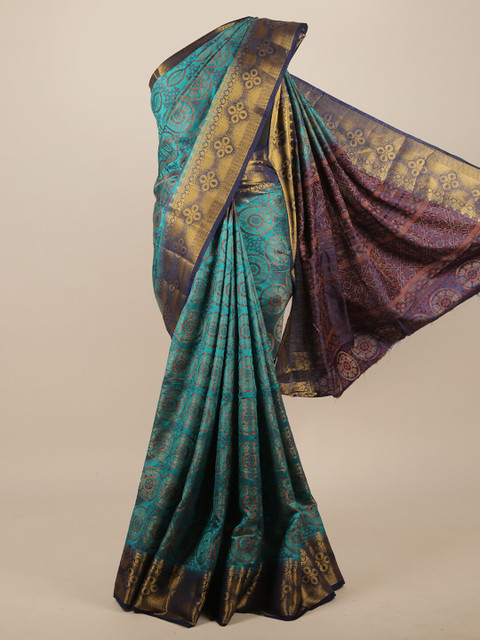 

Pothys Blue & Gold-Toned Floral Zari Jute Silk Saree