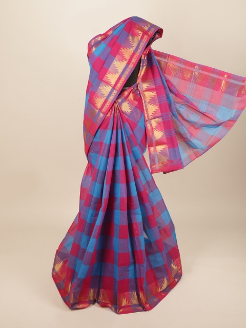 

Pothys Women Pink & Blue Pure Cotton Checked Saree