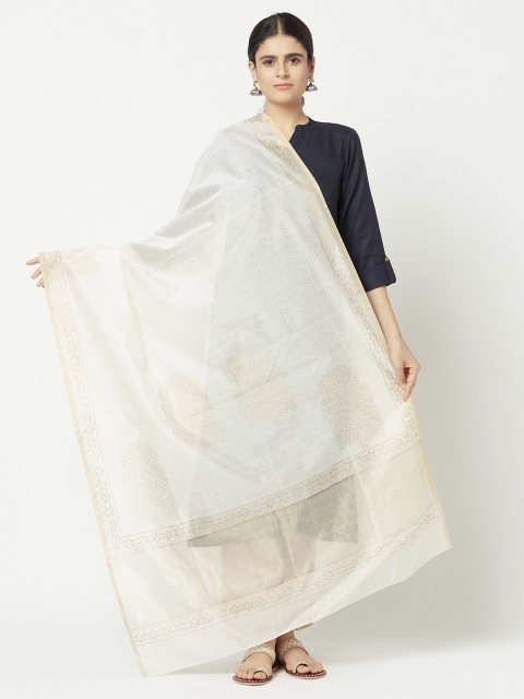 Fabindia Off White Printed Cotton Silk Dupatta