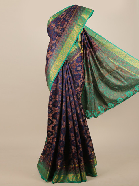 

Pothys Navy Blue & Green Floral Zari Jute Silk Saree