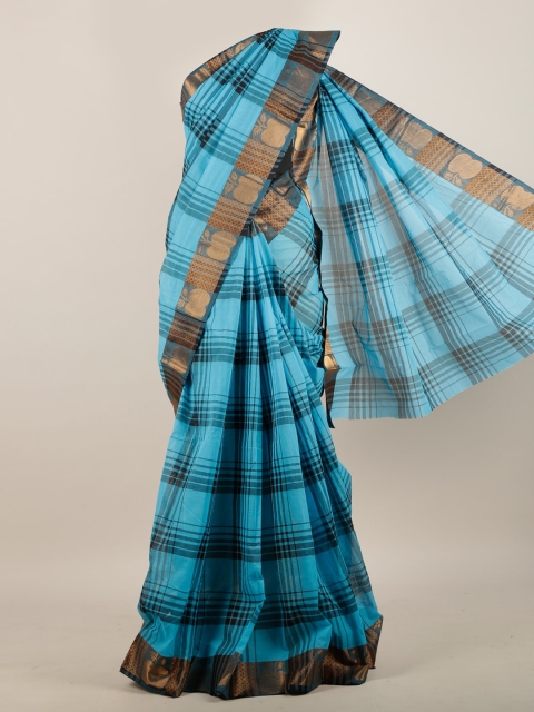 

Pothys Blue & Gold-Toned Checked Pure Cotton Saree