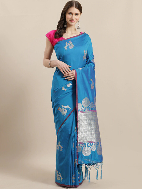 

Mitera Blue & Silver-Toned Ethnic Motifs Zari Brocade Baluchari Saree