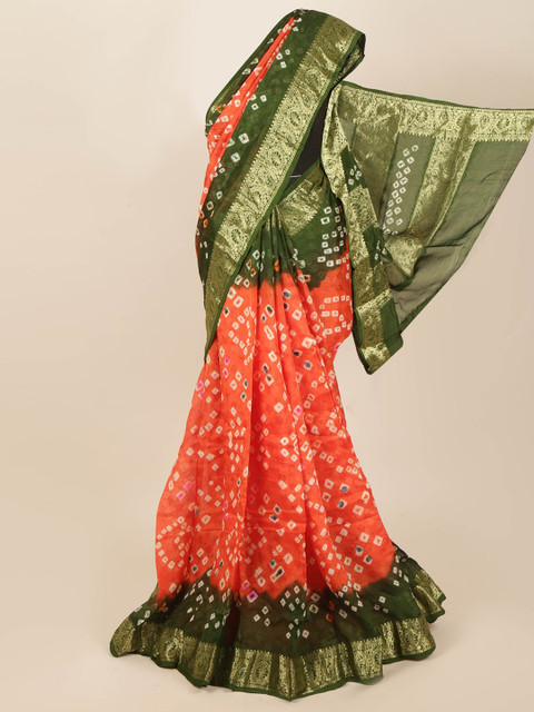 

Pothys Orange & Green Bandhani Zari Art Silk Saree