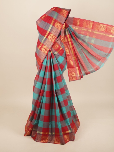 

Pothys Red & Blue Checked Pure Cotton Saree