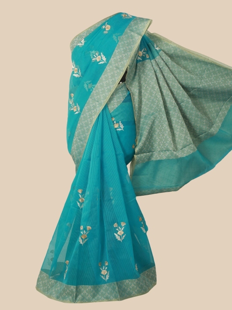 

Pothys Blue & Green Cotton Blend Floral Saree