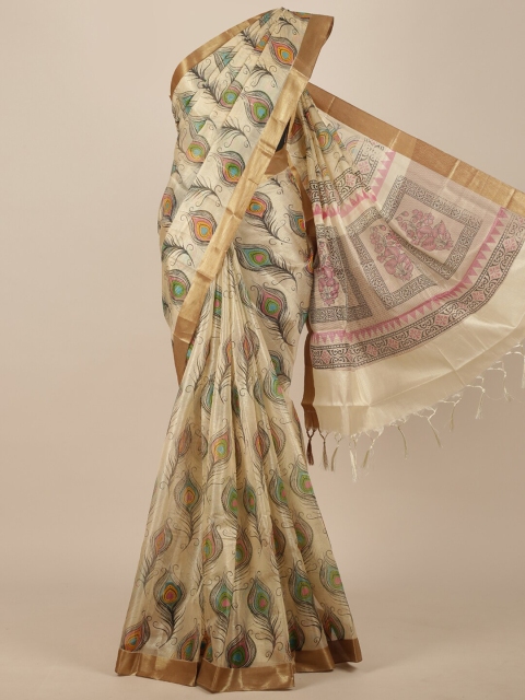 

Pothys Cream-Coloured & Green Ethnic Motifs Saree