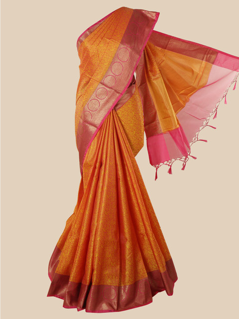 

Pothys Mustard & Pink Floral Zari Jute Silk Saree