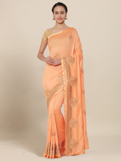 

Kvsfab Peach-Coloured & Gold-Toned Floral Embroidered Saree