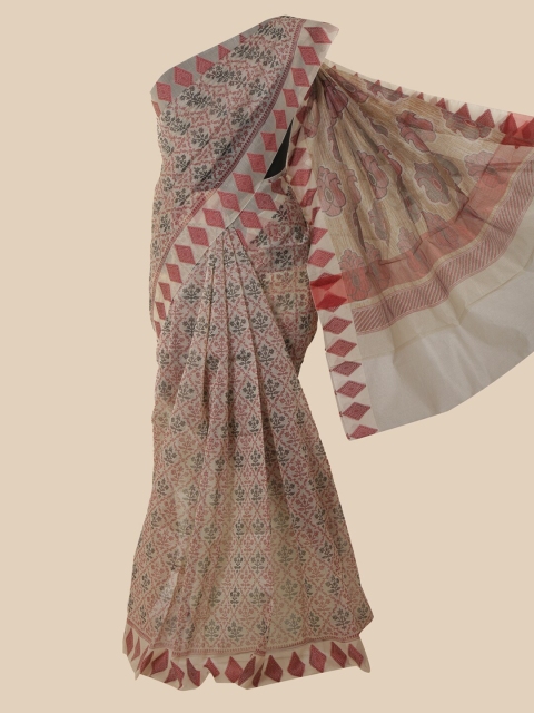 

Pothys Cream-Coloured & Maroon Ethnic Motifs Jute Cotton Saree