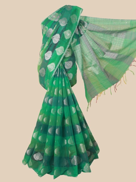 

Pothys Green & Silver-Toned Woven Design Mirror Work Saree