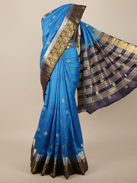 

Pothys Blue & Gold-Toned Floral Zari Jute Silk Saree