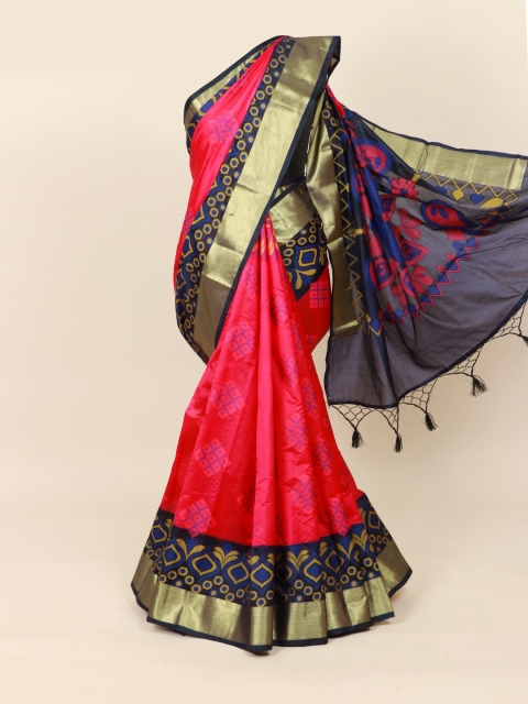 

Pothys Pink & Blue Zari Silk Blend Saree