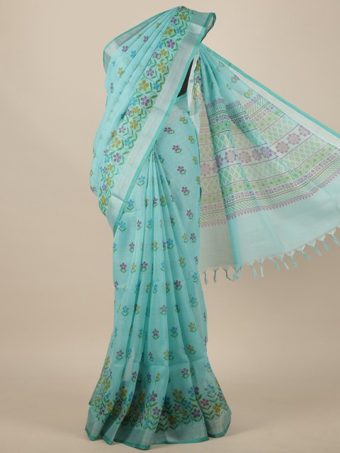 

Pothys Blue & Pink Floral Zari Linen Blend Saree