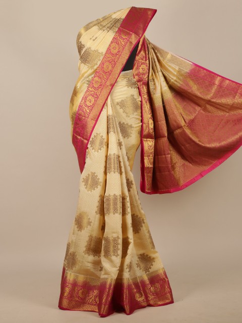 

Pothys Cream-Coloured & Pink Ethnic Motifs Zari Jute Silk Saree