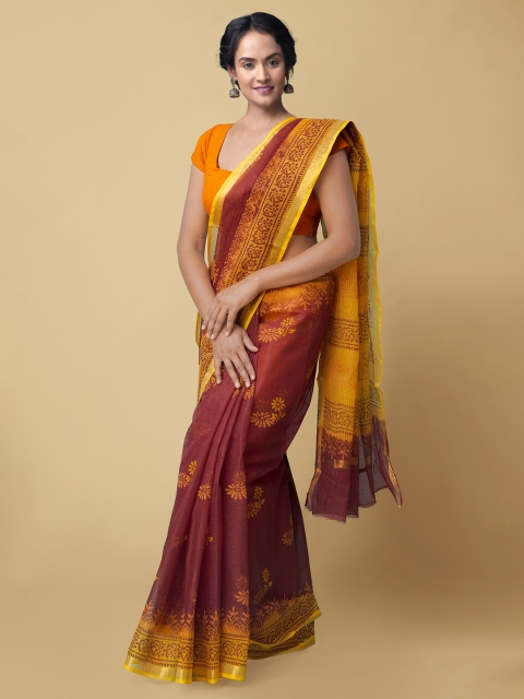 

Unnati Silks Burgundy & Orange Pure Cotton Kota Saree