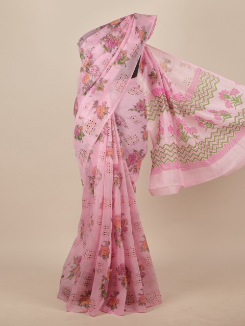 

Pothys Pink & Green Floral Cotton Blend Saree
