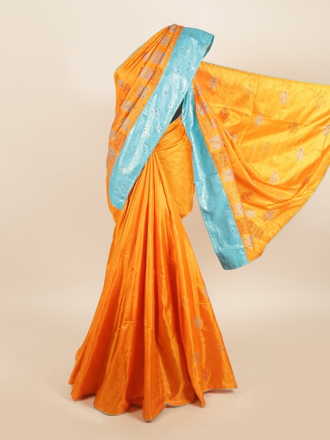 

Pothys Orange & Turquoise Blue Ethnic Motifs Jute Silk Saree