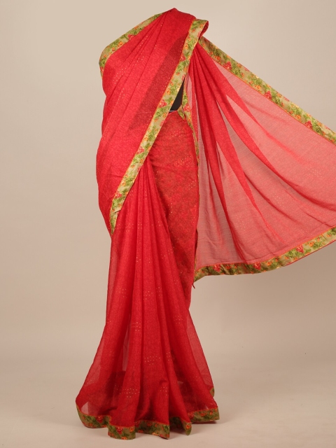 

Pothys Red & Green Poly Chiffon Saree
