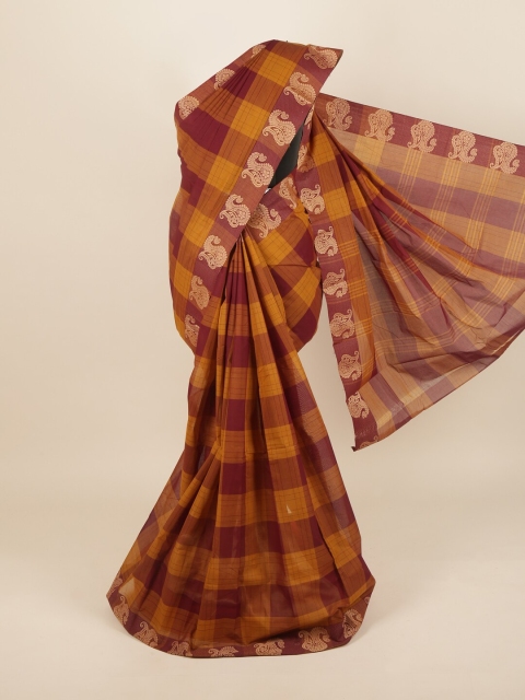 

Pothys Women Maroon & Mustard Yellow Checked Pure Cotton Saree