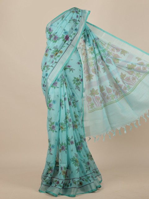 

Pothys Blue & Green Floral Linen Blend Saree