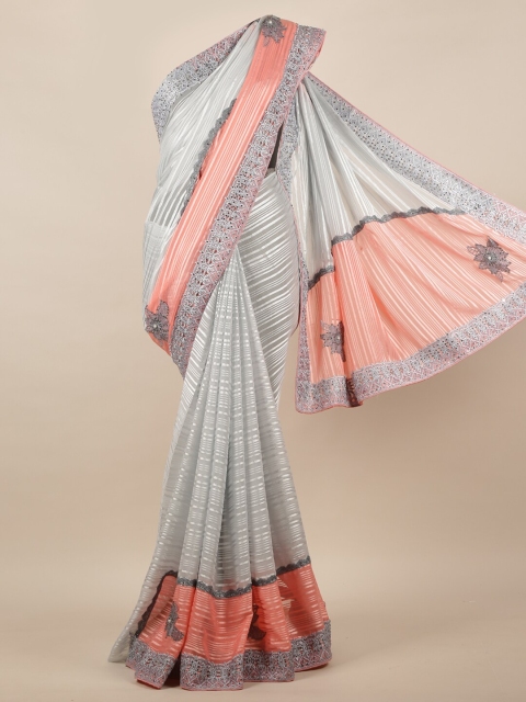 

Pothys Grey & Peach-Coloured Striped Beads and Stones Saree