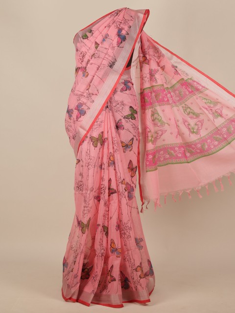 

Pothys Pink & Green Floral Linen Blend Saree
