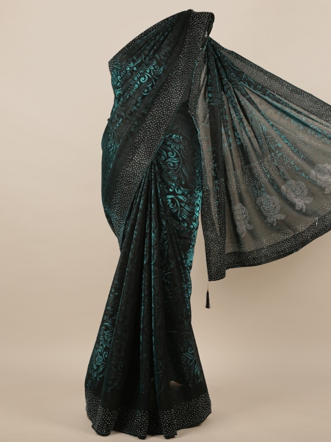 

Pothys Green & Black Floral Beads and Stones Jute Silk Saree