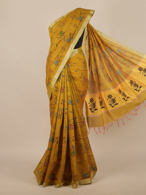 

Pothys Mustard & Pink Floral Zari Cotton Blend Saree