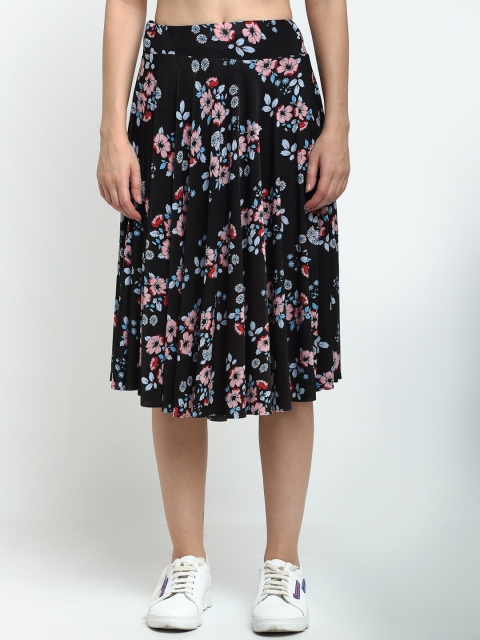 

NEUDIS Women Black & Pink Floral Printed Flared Midi Skater Skirt