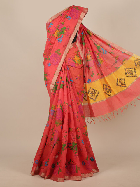 

Pothys Pink & Green Floral Cotton Blend Saree
