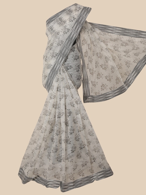 

Pothys White & Grey Floral Supernet Ikat Saree