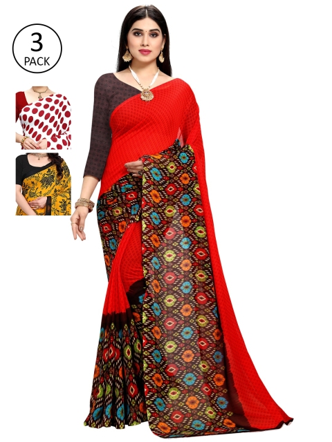 

KALINI Pack of 3 Poly Georgette Sarees, White