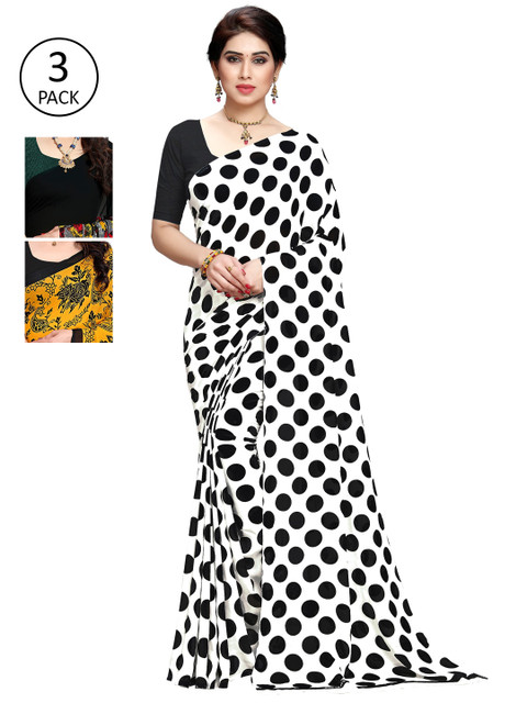 

KALINI Set of 3 White, Black & Yellow Printed Sarees