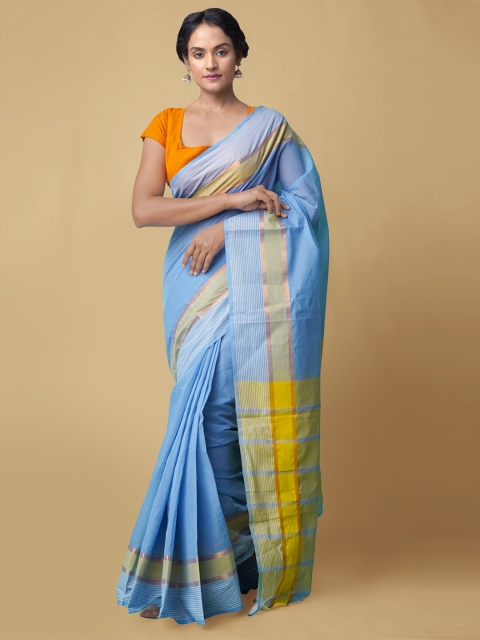 

Unnati Silks Blue & Yellow Striped Zari Pure Cotton Mangalagiri Saree