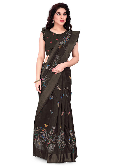 

KALINI Brown & Blue Floral Polycotton Saree