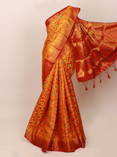

Pothys Mustard Yellow & Red Ethnic Motifs Art Silk Saree