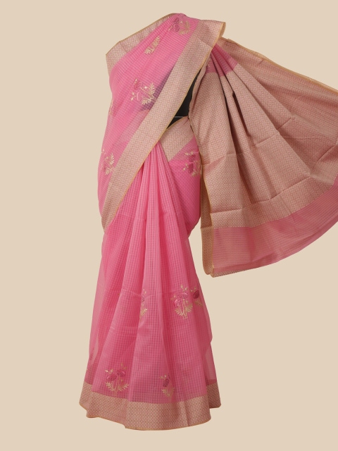 

Pothys Pink & White Checked Embroidered Cotton Blend Saree