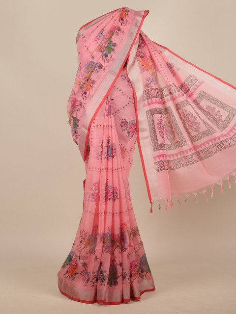 

Pothys Pink & Green Floral Linen Blend Saree