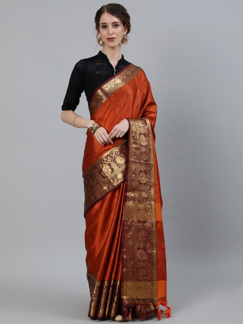 

KALINI Orange & Gold-Toned Ethnic Motifs Zari Art Silk Kanjeevaram Saree