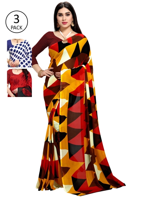 

KALINI Pack of 3 Poly Georgette Printed Sarees, White