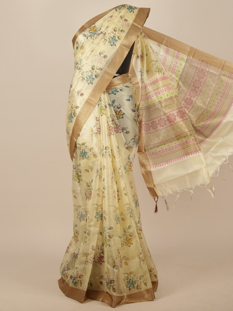Pothys Cream-Coloured & Blue Floral Saree