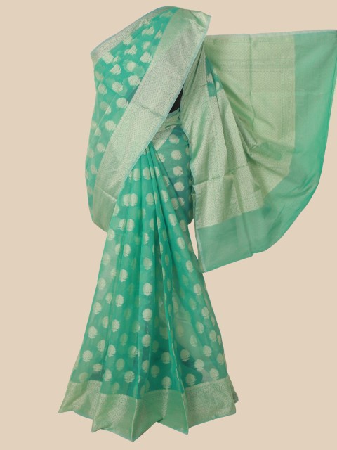

Pothys Green & Silver-Toned Woven Design Zari Cotton Blend Saree