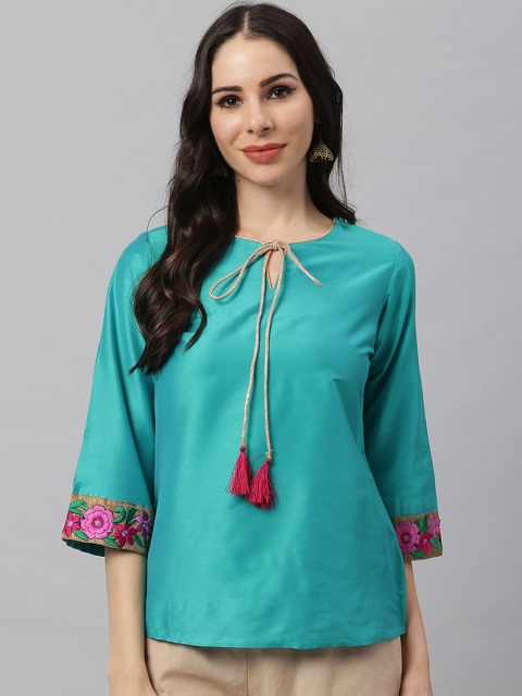 

Shakumbhari Teal Tie-Up Neck Regular Top