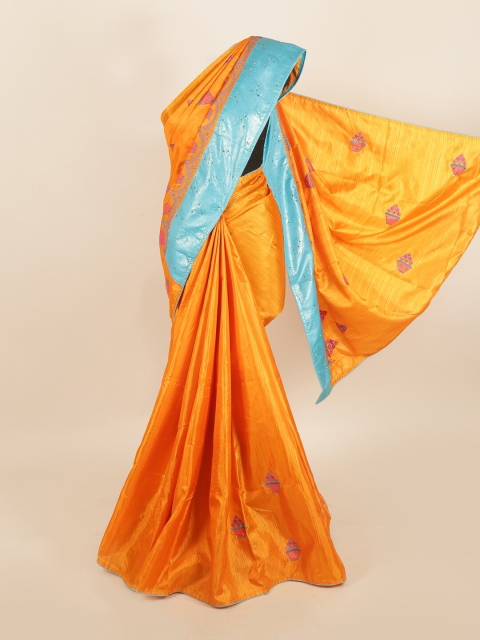 

Pothys Orange & Turquoise Blue Floral Embroidered Jute Silk Saree