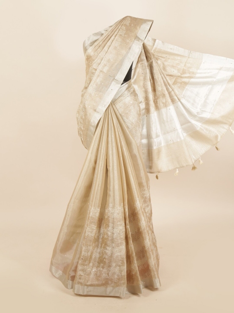 

Pothys Cream Coloured & Silver Ethnic Motifs Beads and Stones Tissue Saree